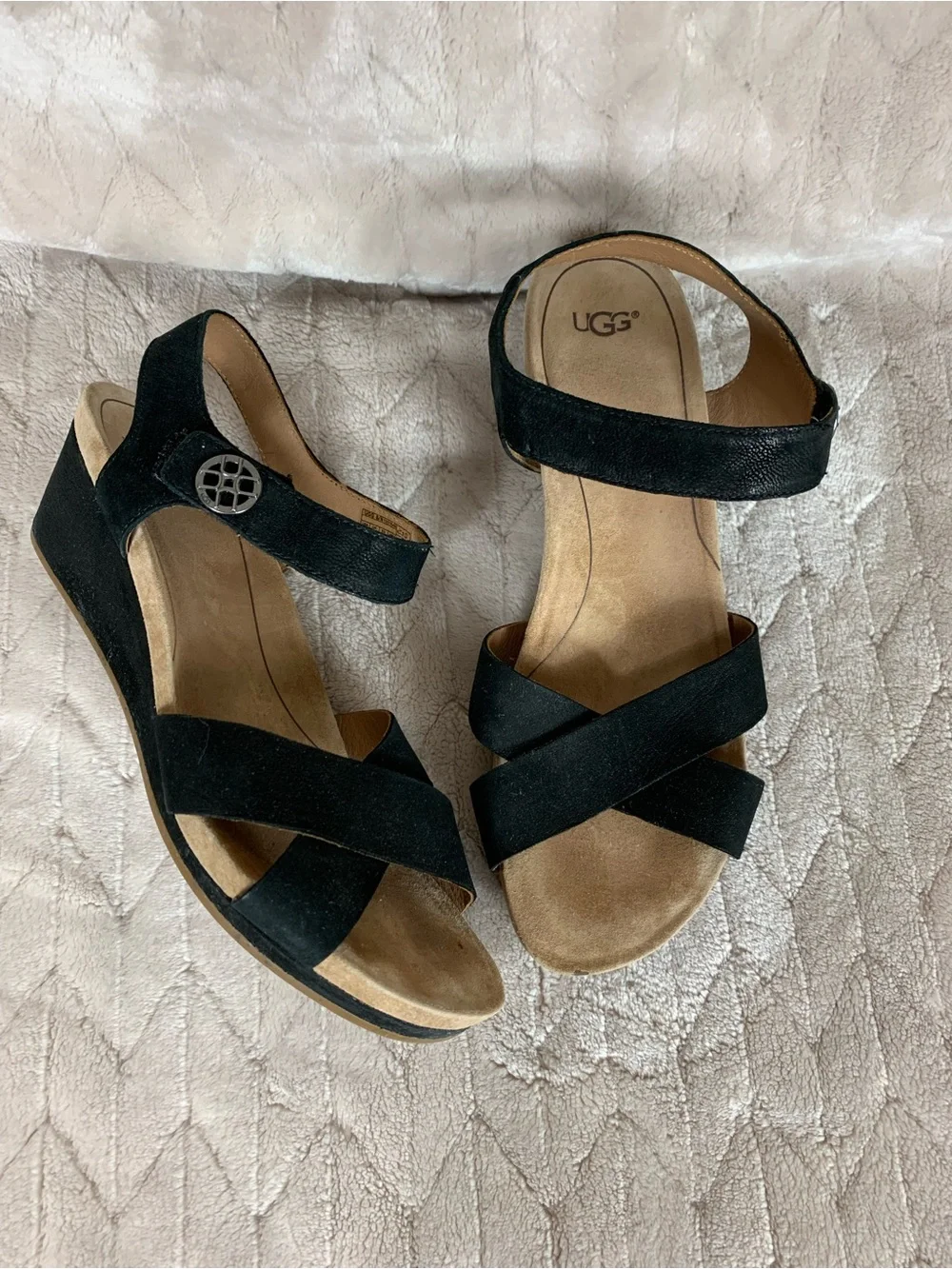 Women's Ugg Black Veva Leather Low Wedge Ankle Strap Open Toe Sandals Size 10